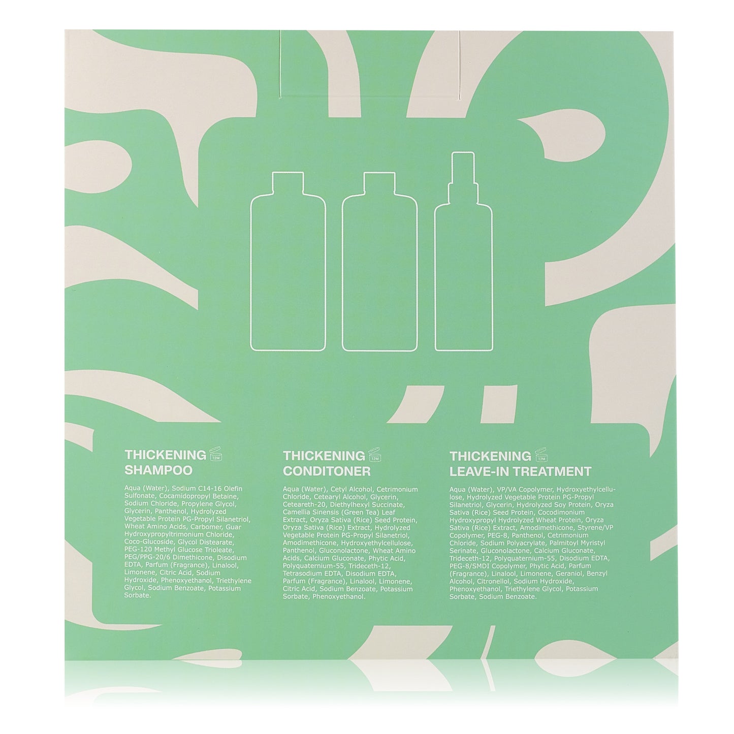 Product packaging with bottle outlines and text on a green background - Luna Pro Haircare Full Force Holiday Gift Set - Thickening Shampoo - 300ml
Thickening Conditioner- 300ml
Thickening Leave in treatment- 200ml
