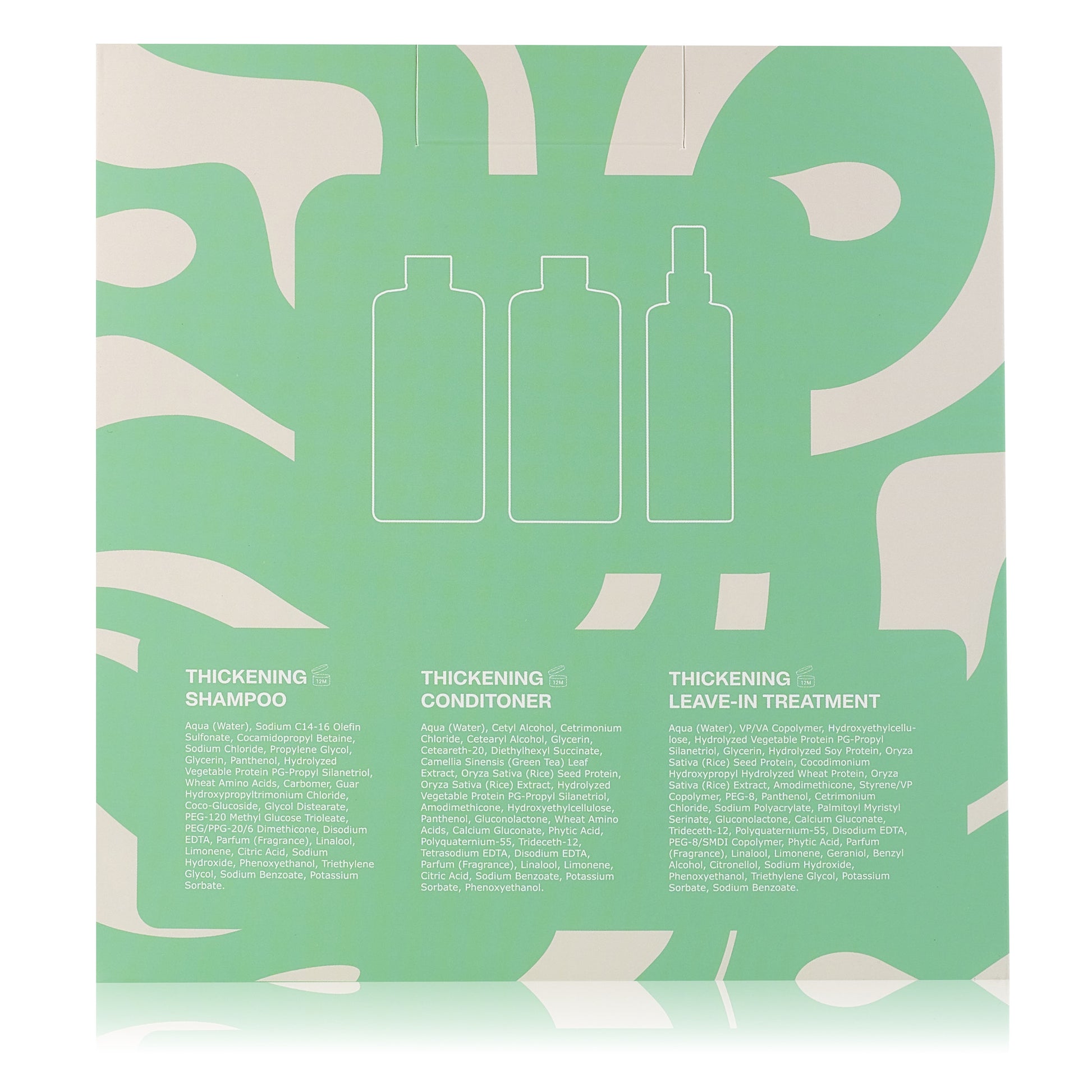 Product packaging with bottle outlines and text on a green background - Luna Pro Haircare Full Force Holiday Gift Set - Thickening Shampoo - 300ml
Thickening Conditioner- 300ml
Thickening Leave in treatment- 200ml